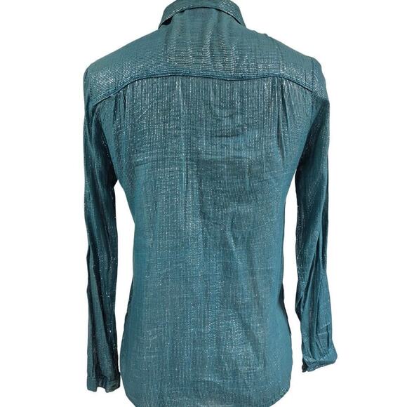 vtg 1970s Green Button Down Cotton Gauze Shirt Metallic Silver Thread Sz S - Picture 4 of 5